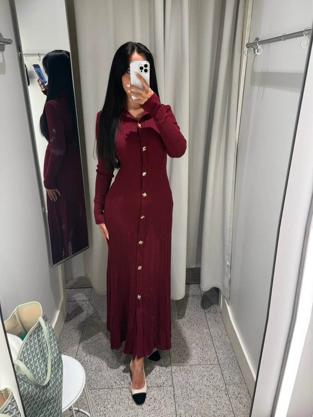 Robe Longue Boutonnée Bleu Marine