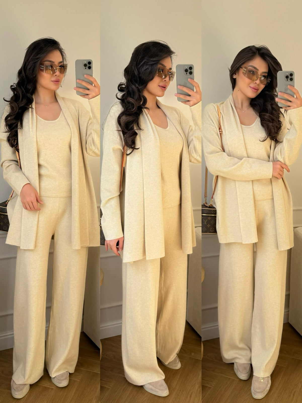 Ensemble 3 Pièces en Maille Fine — Cardigan, Top & Pantalon Fluide