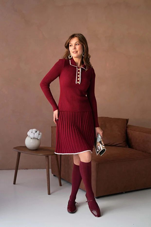 Ensemble 2 Pièces en Maille Côtelée — Pull Col Polo & Jupe Plissée Évasée