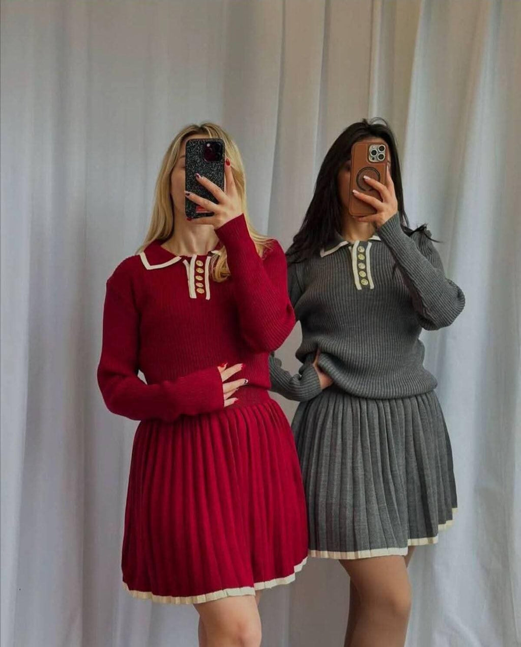 Ensemble 2 Pièces en Maille Côtelée — Pull Col Polo & Jupe Plissée Évasée